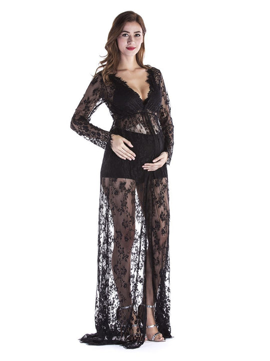 Long Sleeve Lace Maternity Photoshoot Lace Maxi Dress