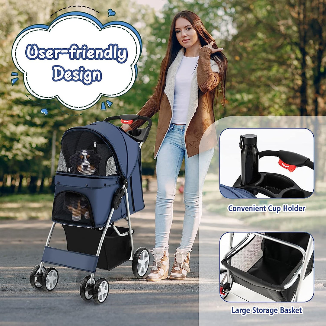 Folding Dog Stroller, Pet Stroller for Small Medium Dogs & Cats, 4 Wheels Dog Stroller Travel Carrier with Storage Basket & Cup Holder