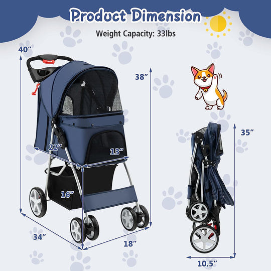 Folding Dog Stroller, Pet Stroller for Small Medium Dogs & Cats, 4 Wheels Dog Stroller Travel Carrier with Storage Basket & Cup Holder