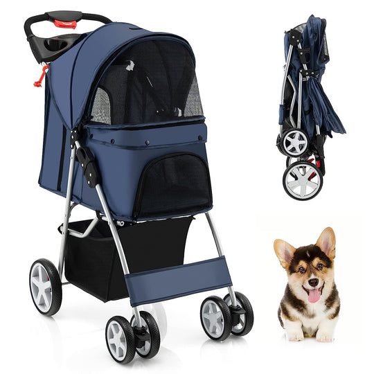 Folding Dog Stroller, Pet Stroller for Small Medium Dogs & Cats, 4 Wheels Dog Stroller Travel Carrier with Storage Basket & Cup Holder