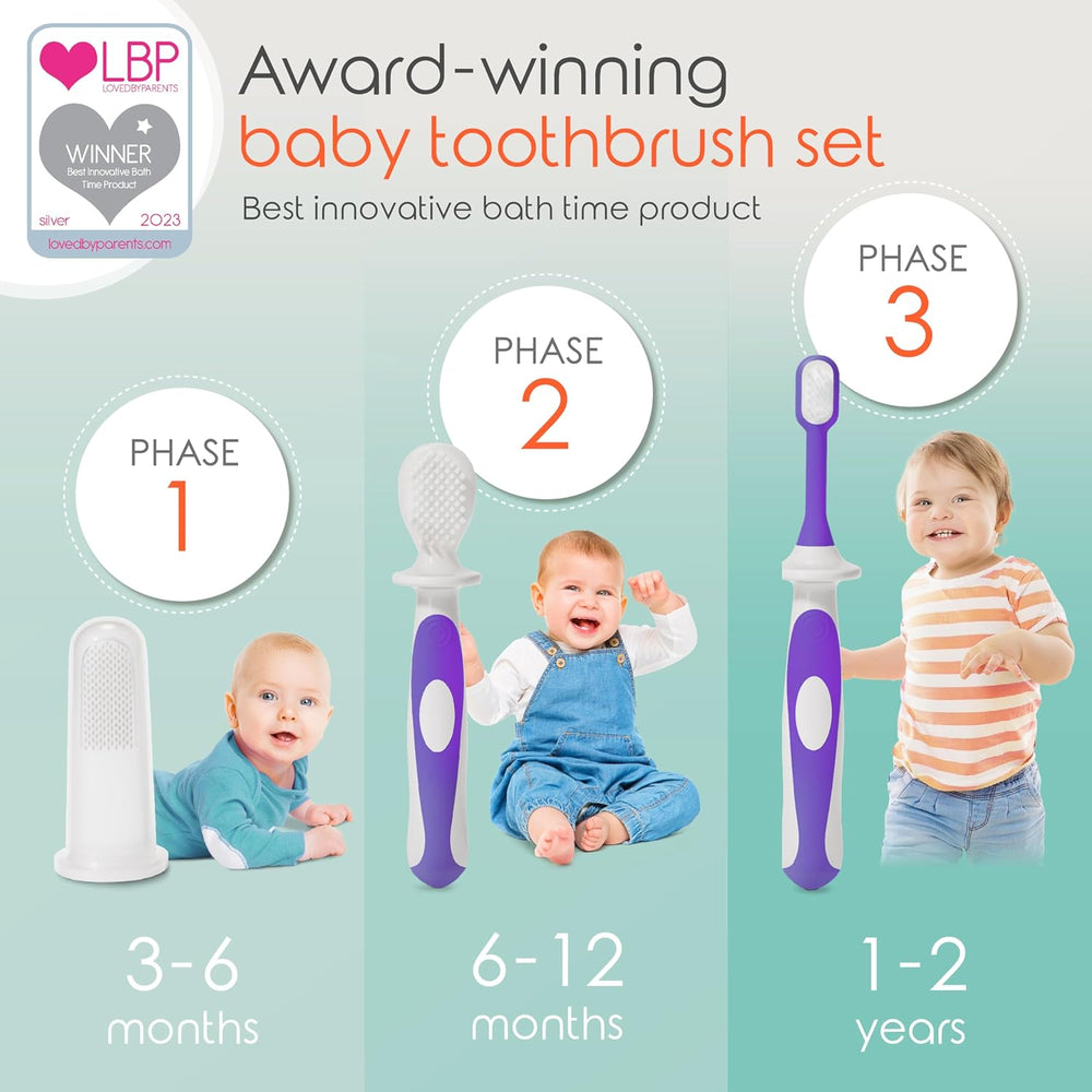 Award-Winning Baby Toothbrush Set (3-24 Months) - 3-Pack Baby Finger Toothbrush, Training Toothbrush & Toddler Toothbrush - Bpa-Free Baby First Toothbrush Set (Purple)Baby Toothbrush Set - Baby Finger Toothbrush | Sassy Satin