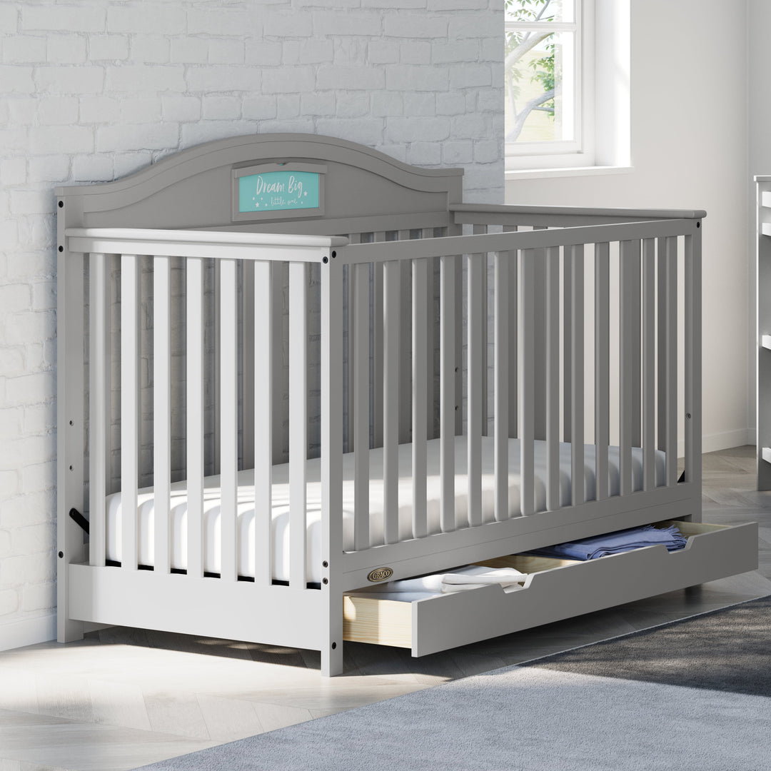 Story 5-In-1 Convertible Baby Crib with Drawer, Pebble Gray