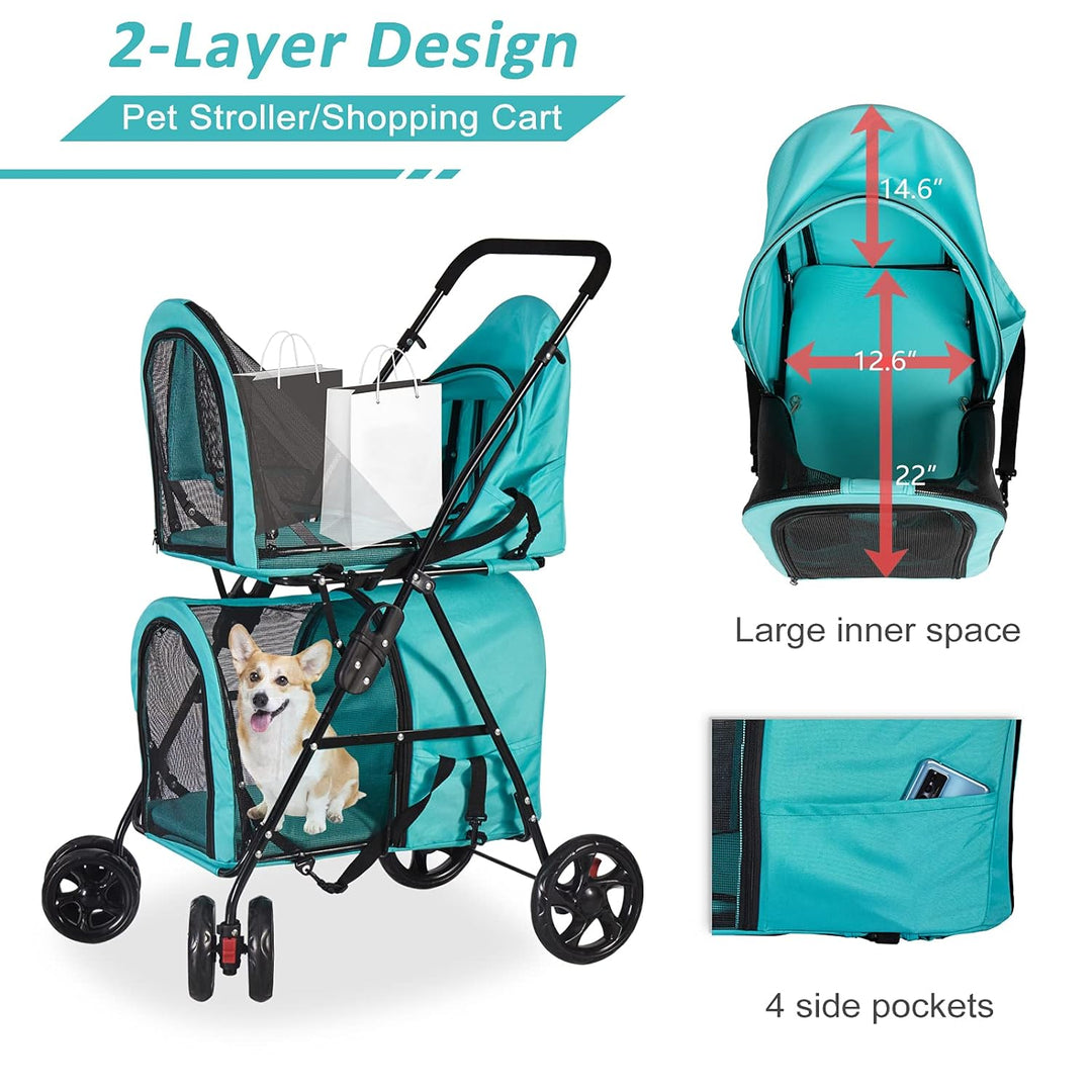 Double Layer Dog Stroller, Foldable 3 in 1 Pet Stroller for Dogs Cats (Travel Carrier Bag or Car Seat Carrier or Stroller) Blue