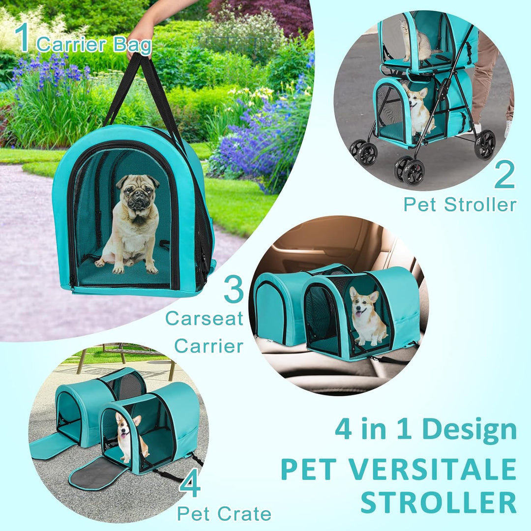 Double Layer Dog Stroller, Foldable 3 in 1 Pet Stroller for Dogs Cats (Travel Carrier Bag or Car Seat Carrier or Stroller) Blue