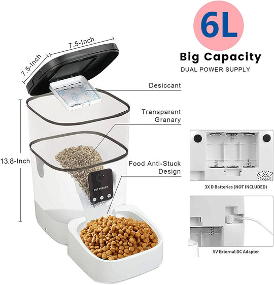 Pet Feeder,6L Automatic Pet Feeder for Cats and Dogs,1080P Camera,App Control,Voice Recorder,Timed Feeder for Schedule Feeding, Dual Power Supply,Wifi Pet Food Dispenser with App ControlAutomatic 6 L Pet Feeder - 6 L Automatic Pet Feeder for Dogs | Sassy Satin