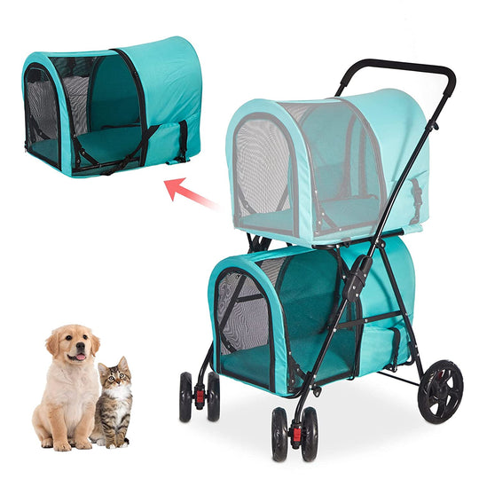 Double Layer Dog Stroller, Foldable 3 in 1 Pet Stroller for Dogs Cats (Travel Carrier Bag or Car Seat Carrier or Stroller) Blue