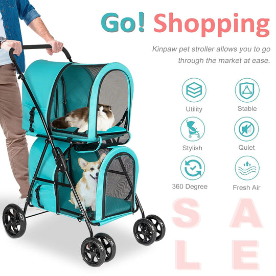 Double Layer Dog Stroller, Foldable 3 in 1 Pet Stroller for Dogs Cats (Travel Carrier Bag or Car Seat Carrier or Stroller) Blue