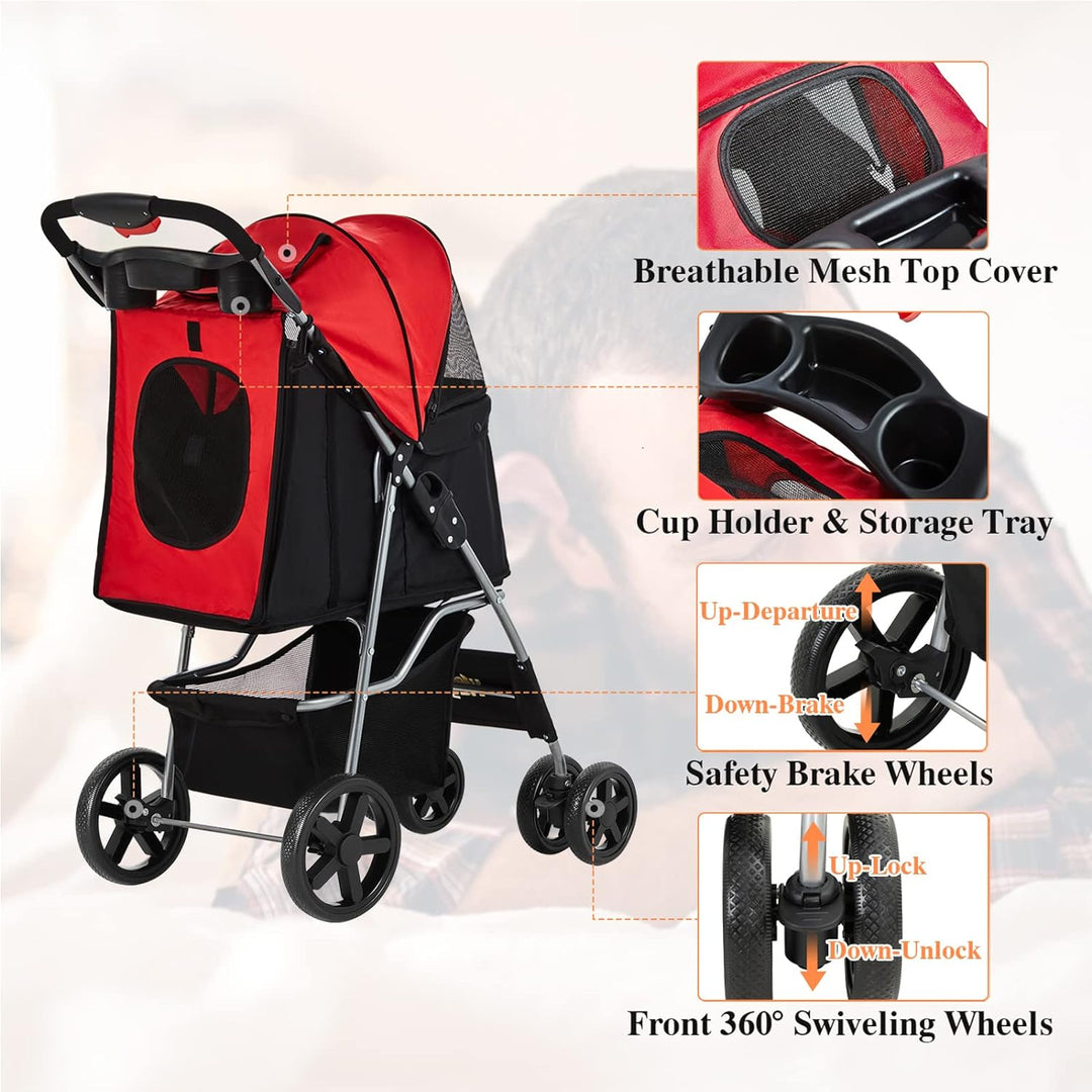 Dog Stroller, Pet Strollers for Small Medium Dogs & Cats, 4 Wheels Dog Jogging Stroller Folding Doggy Stroller with Storage Basket for Dog & Cat Traveling Strolling Cart